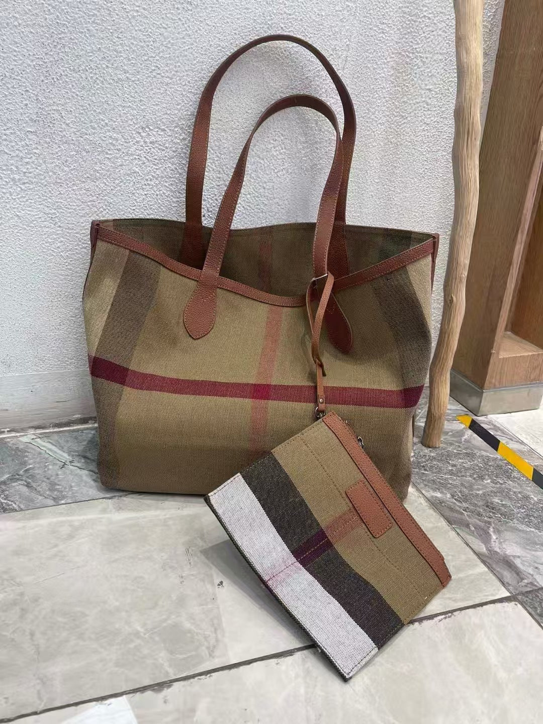 Women's Plaid Jute Leather Hand Large Capacity Handbags