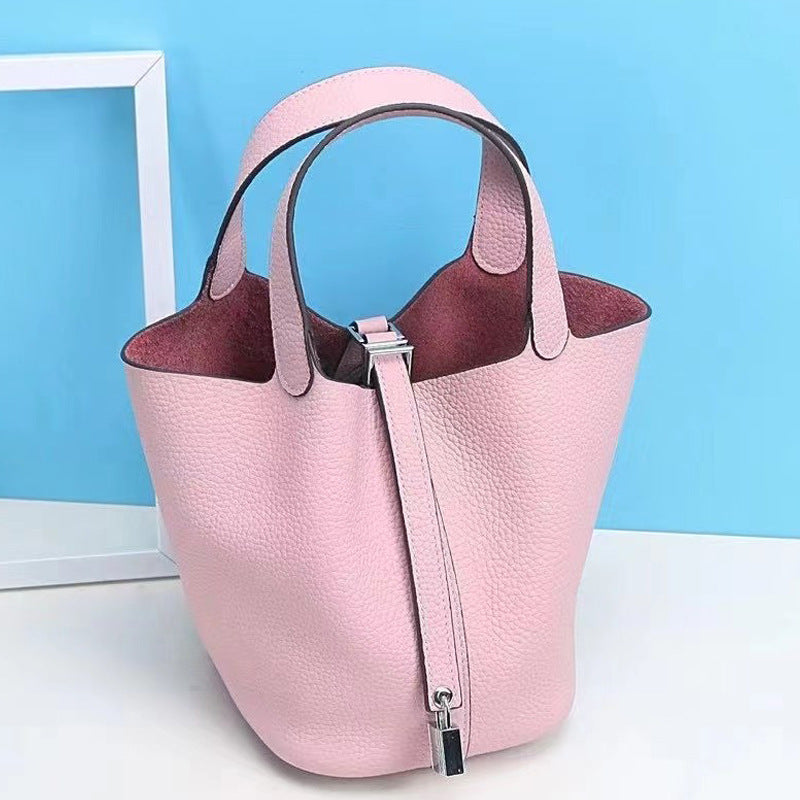 Lychee Pattern Vegetable Basket Genuine Leather Fashion First Layer Handbags