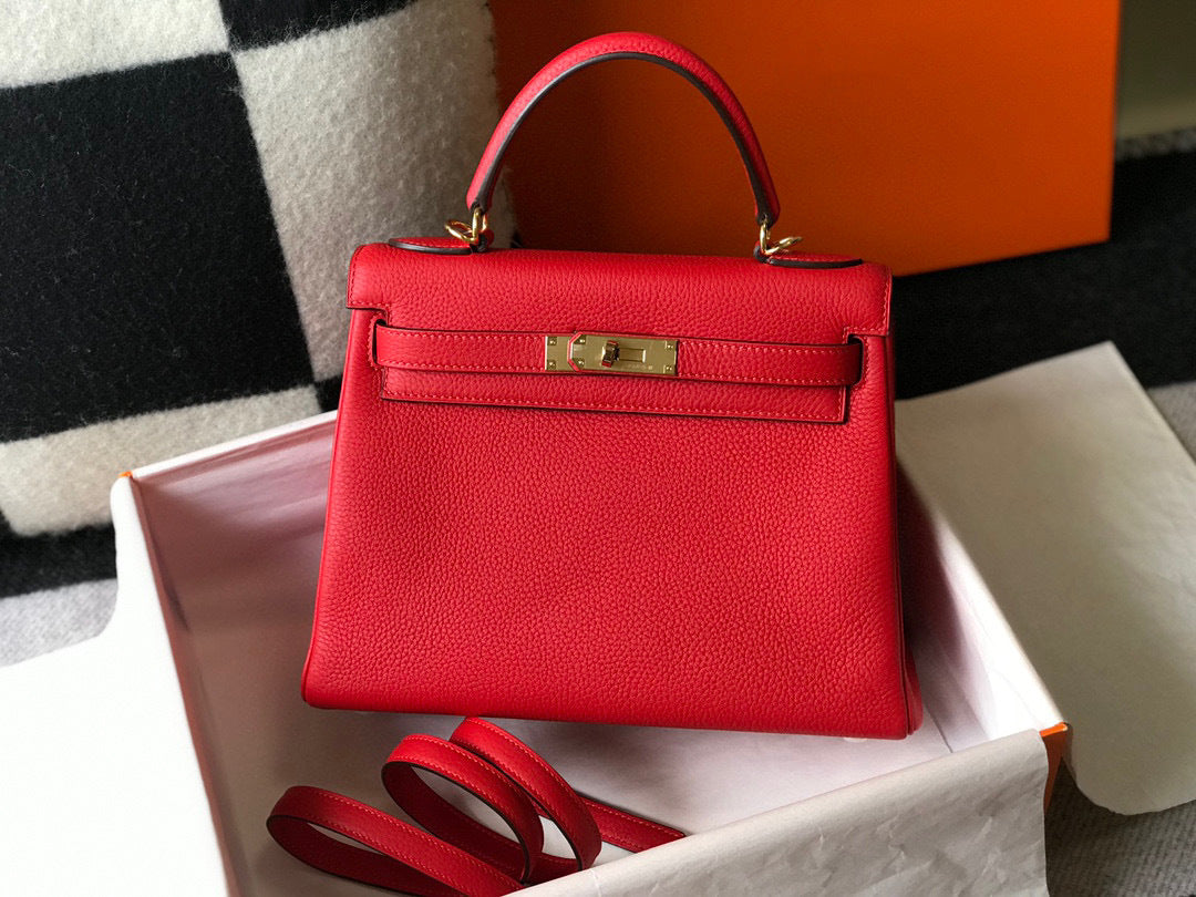Women's Quality Kelly Lychee Pattern Calfskin Portable Handbags
