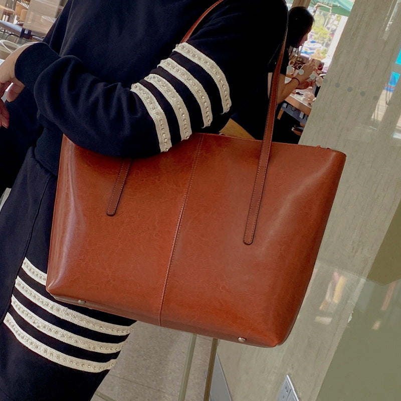 Women's Genuine Leather Simple Big Oil Wax Shoulder Bags