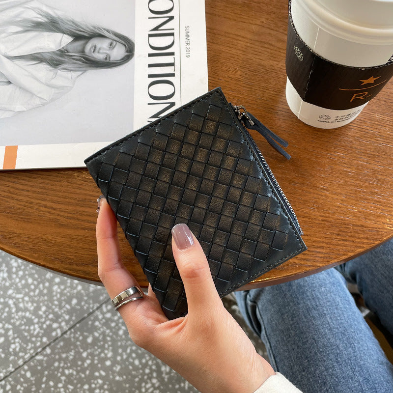 Women's Classy Short Leather Woven Sheepskin Card Holder