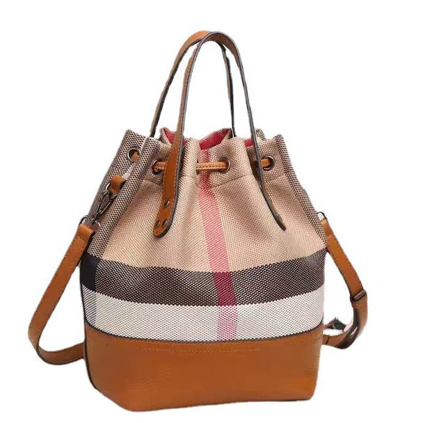 Women's Checked Canvas Genuine Leather Drawstring Large Crossbody Bags