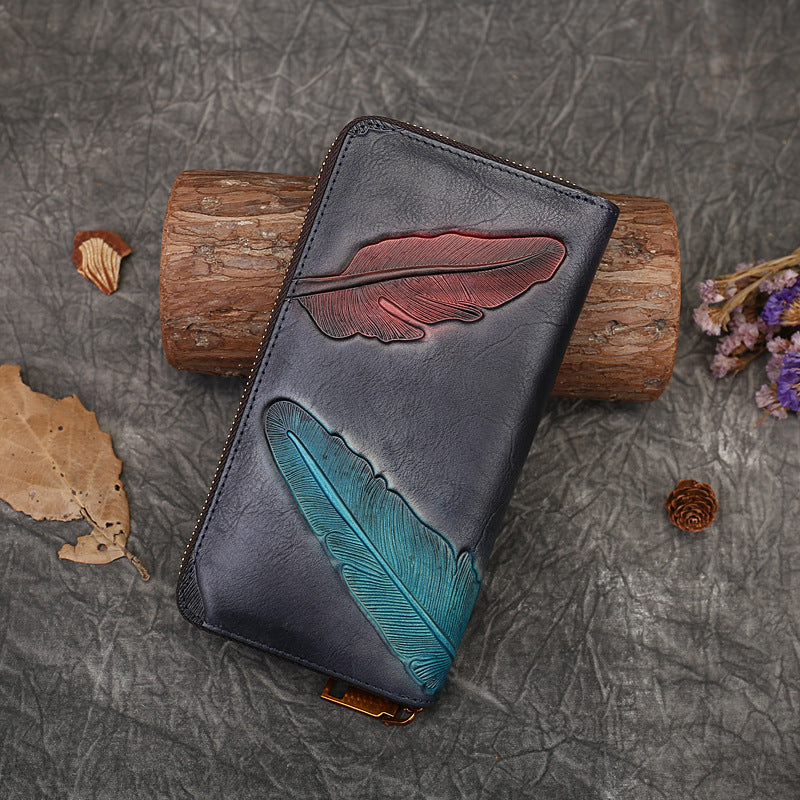 Women's Plant Embossed Long Genuine Leather Clutch Ladies Wallets