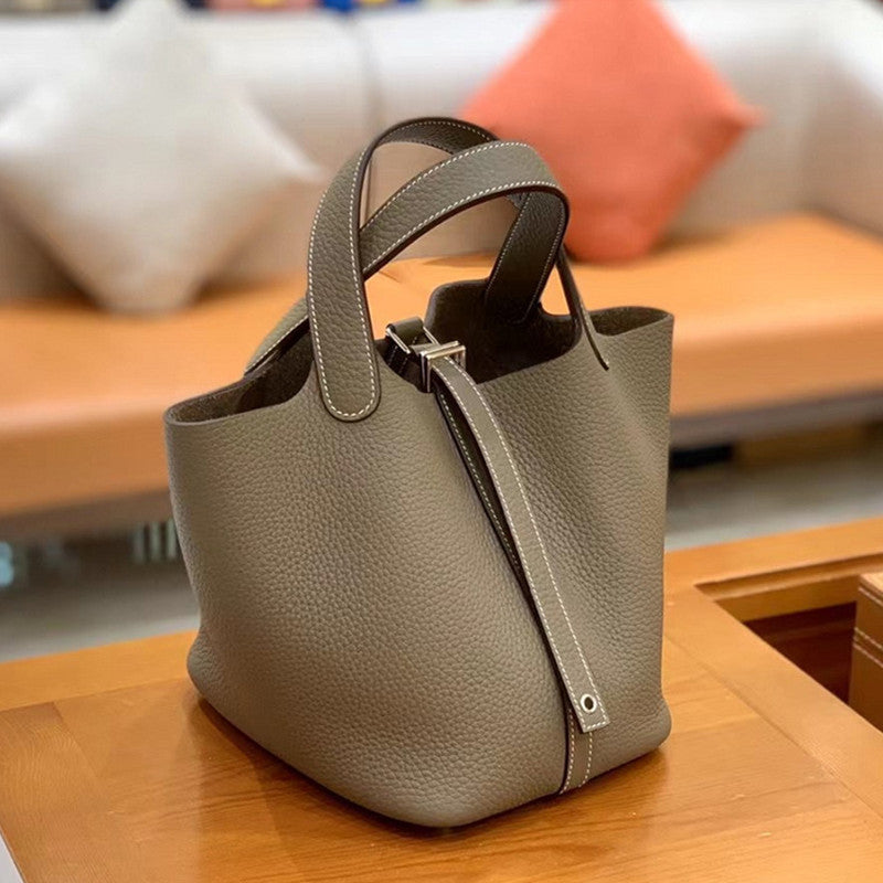 Vegetable Basket Genuine Leather Portable Litchi Handbags