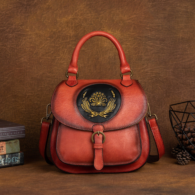 Women's Retro Cow Leather Chinese Style Embossed Backpacks