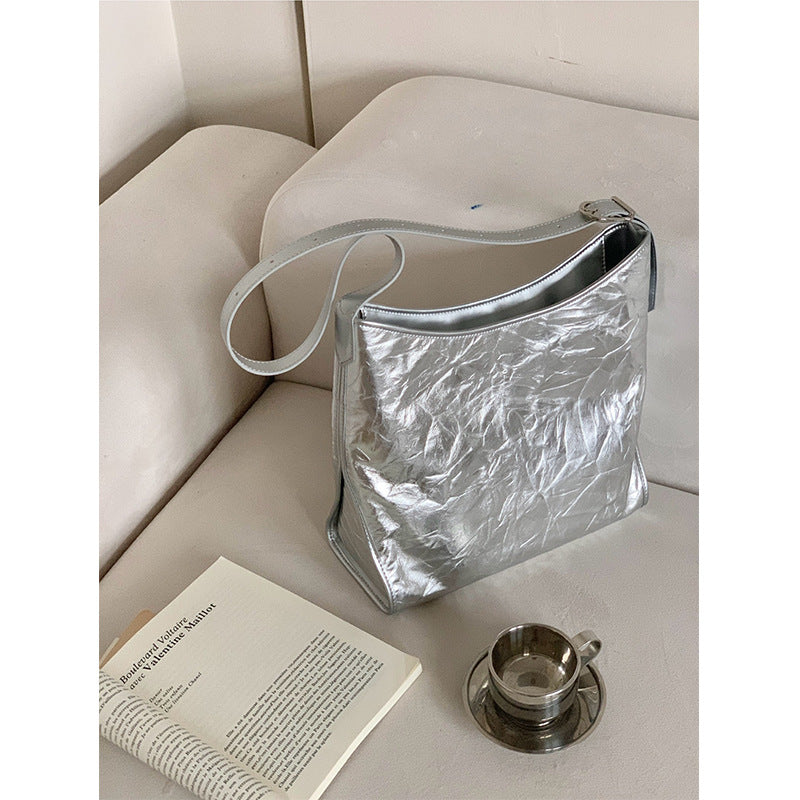 Women's Niche Leather Folds Scratch Pattern Cowhide Shoulder Bags