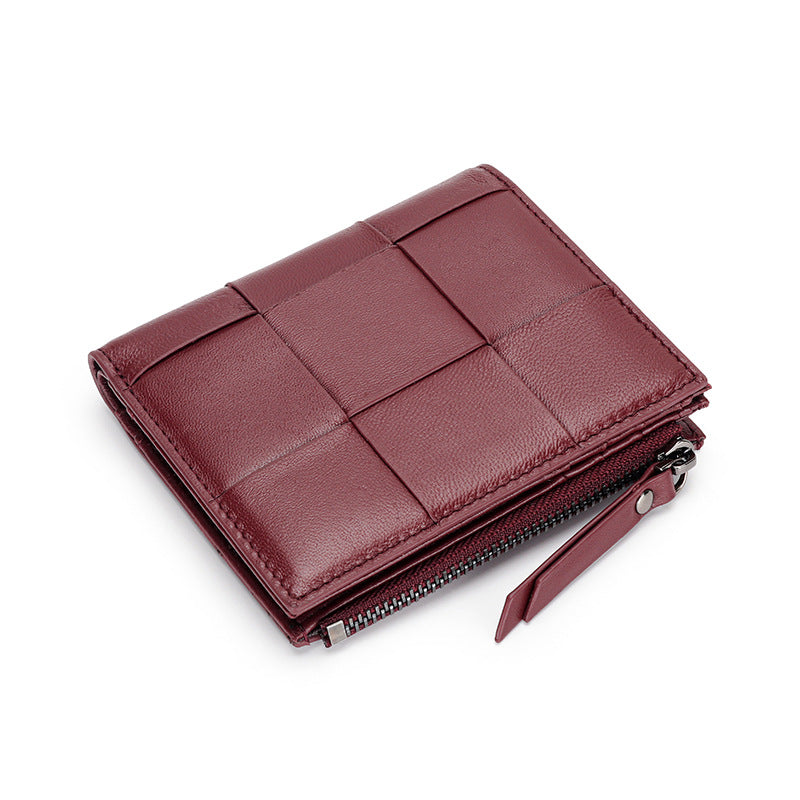 Women's Full Sheepskin Short Leather Hand-woven Folding Ladies Wallets