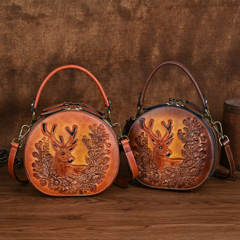Women's National Style Round First Layer Leather Crossbody Bags