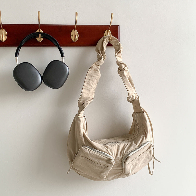Women's Summer Pleated Nylon Cloth Solid Color Shoulder Bags