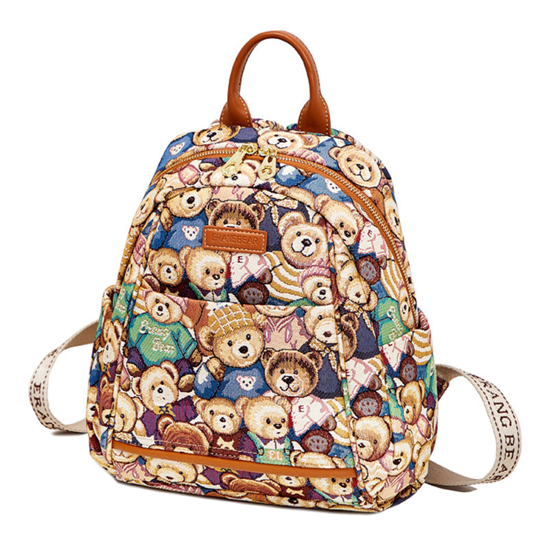 Women's Bear Attachment Embroidered Canvas Fashion Commuter Backpacks