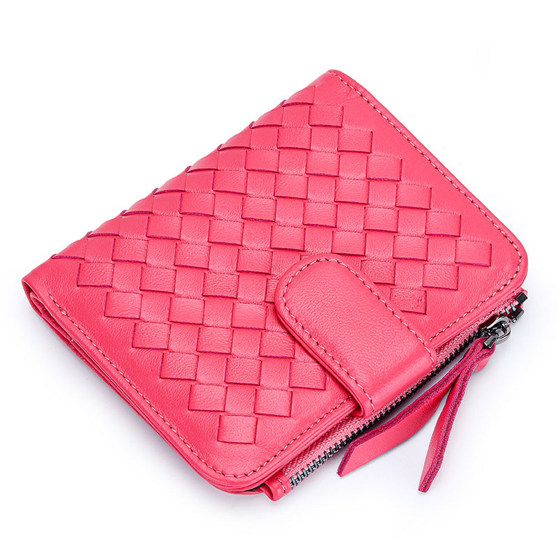 Women's Short Sheepskin Woven Classic Half Fold Ladies Wallets