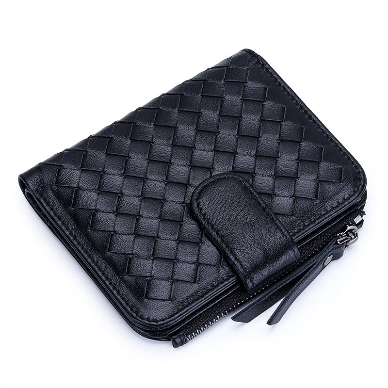 Women's Short Sheepskin Woven Classic Half Fold Ladies Wallets