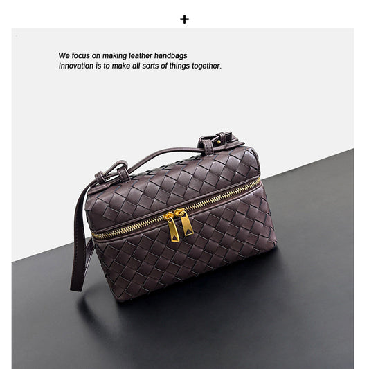 Women's Woven Lunch Box Genuine Leather Hand Bags