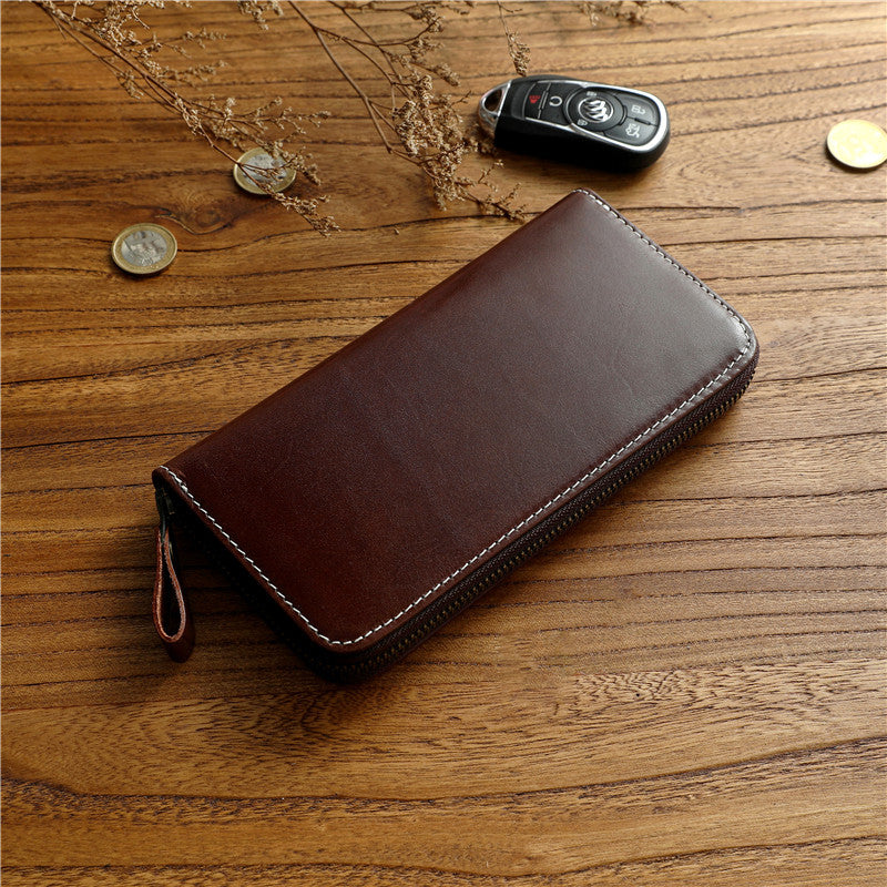 Men's Tanned Long Genuine Leather Zipper First Layer Men's Wallets