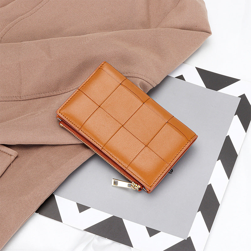 Women's Sheepskin Woven Medium Vertical Leather Multiple Ladies Wallets
