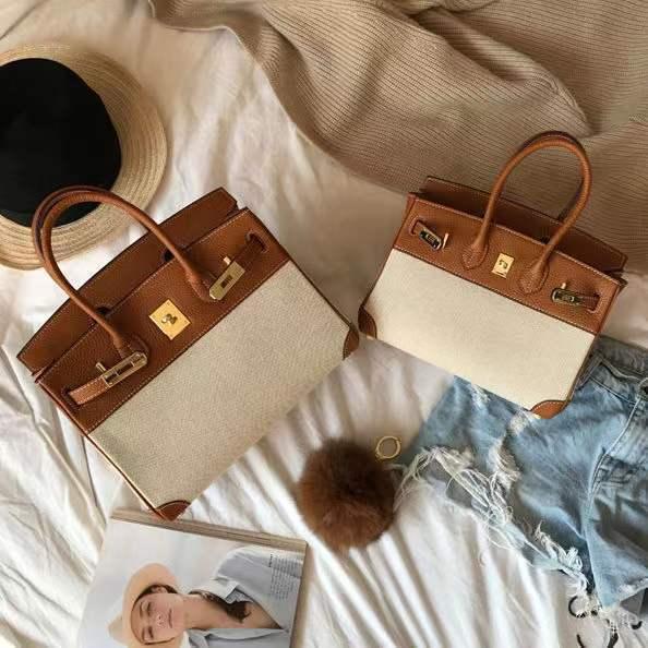 Women's Leather With Canvas Contrast Color Portable Handbags
