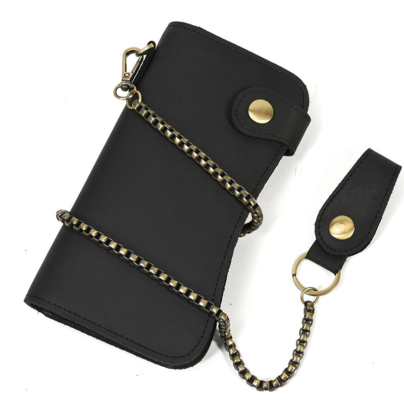 Men's Crazy Horse Long Iron Chain Clutch Purses