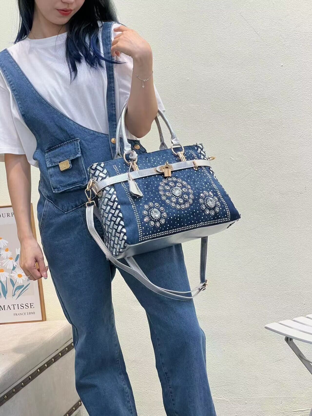 Women's Jean Diamond Woven Rivet Portable Trendy Fashion Handbags