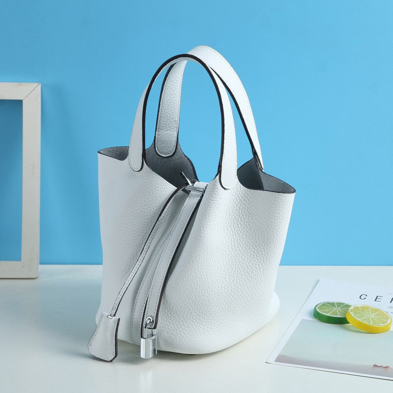 Lychee Pattern Vegetable Basket Genuine Leather Fashion First Layer Handbags