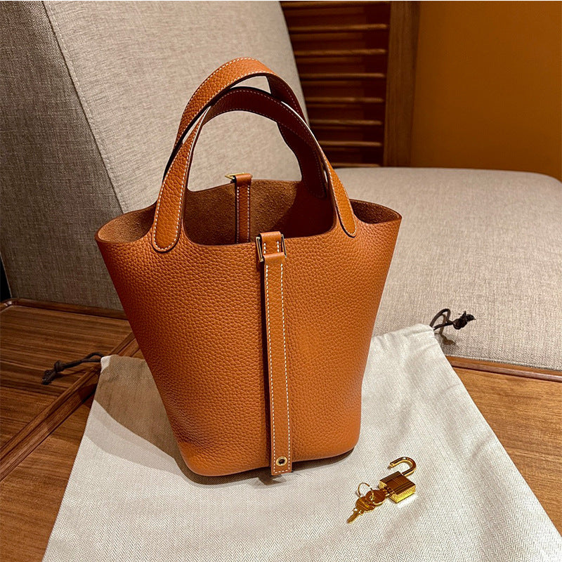 Women's Line Vegetable Basket Lychee Pattern Cowhide Handbags