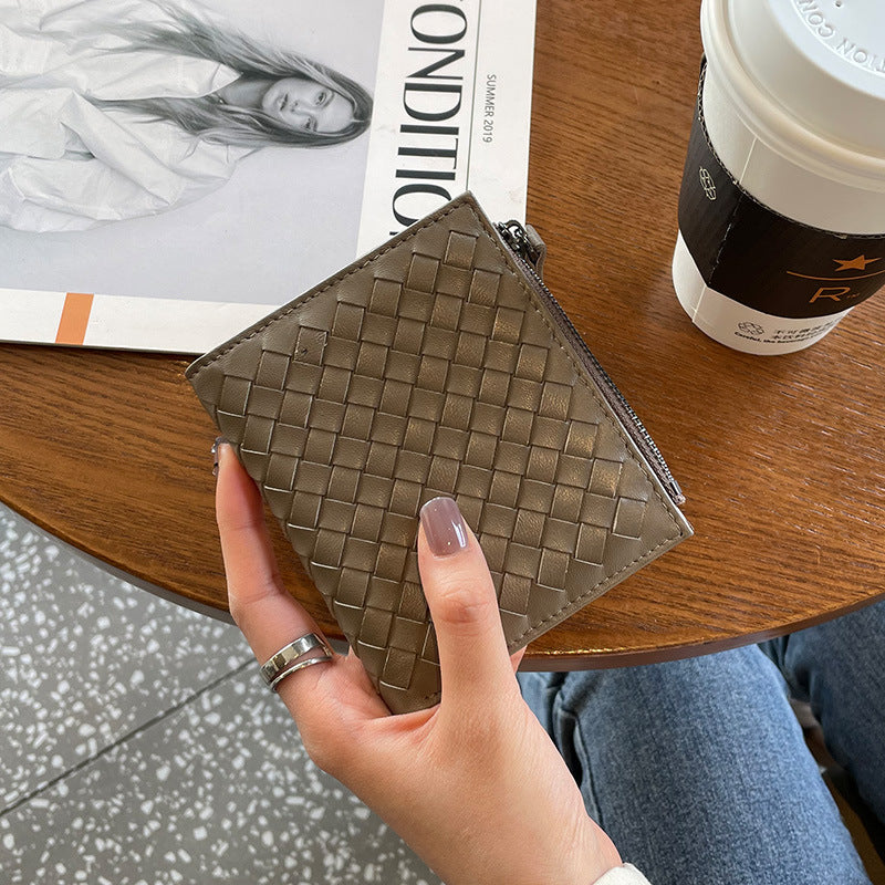 Women's Classy Short Leather Woven Sheepskin Card Holder