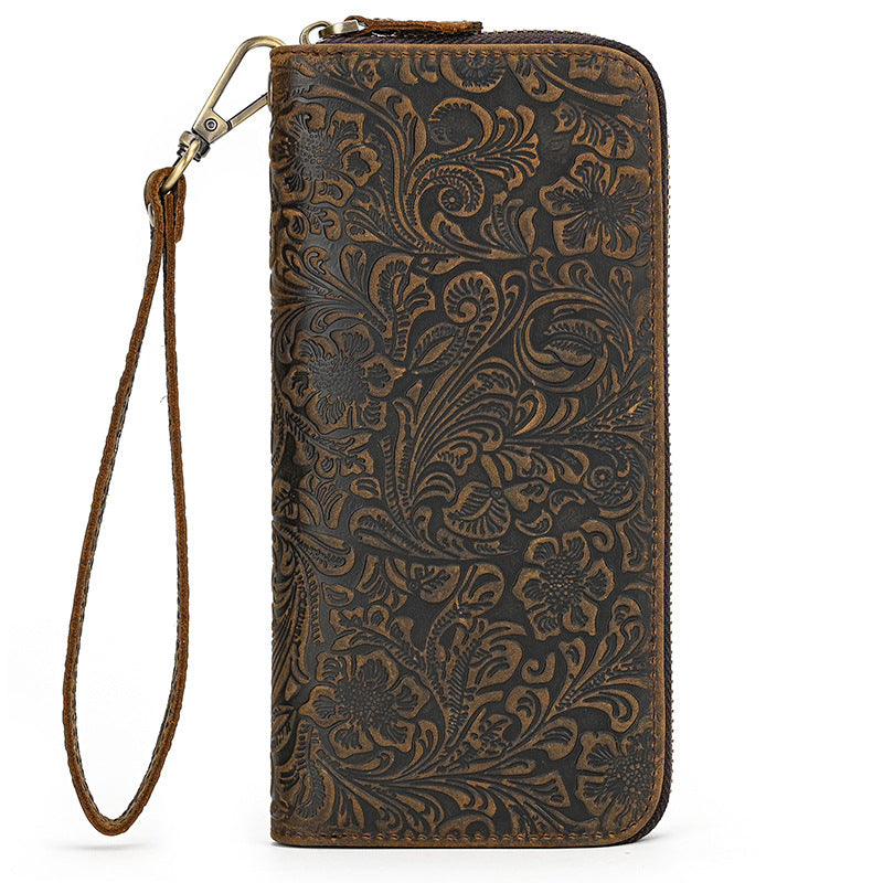 Men's Crazy Horse Leather Retro Embossing Fashion Long Men's Wallets