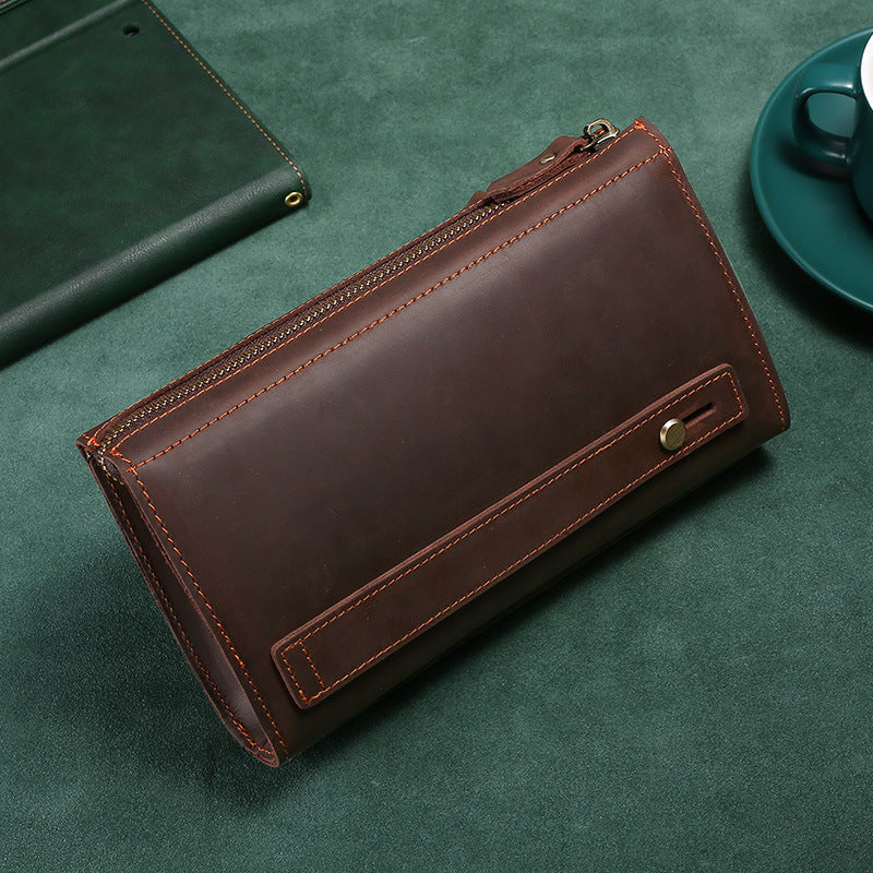 Men's Long Zipper Leather Business Clutch Cowhide Bags