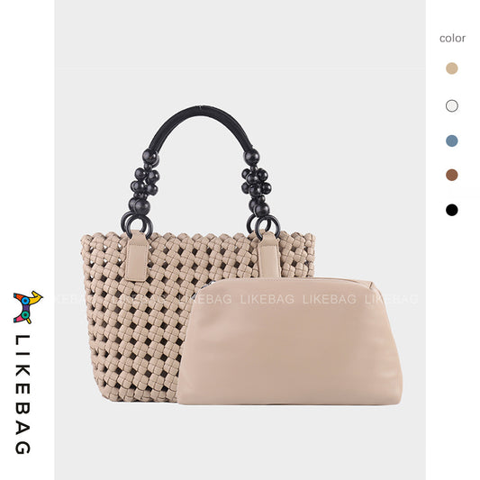 Women's Vegetable Basket Woven Portable Advanced Hollow Wooden Bead Handbags