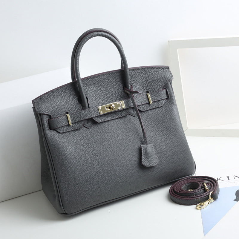 Women's Lychee Pattern Kelly Genuine Leather First Handbags