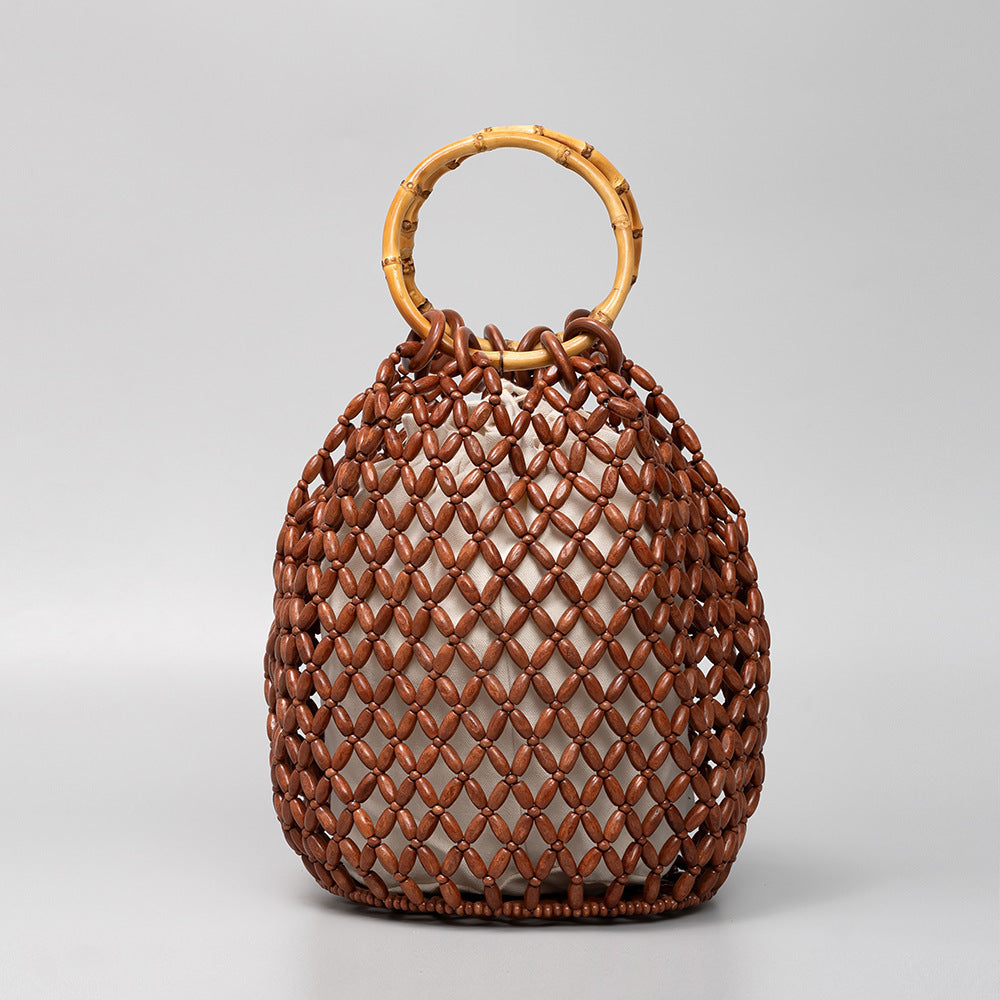 Women's Woven Hollow Design Advanced With Wooden Bags