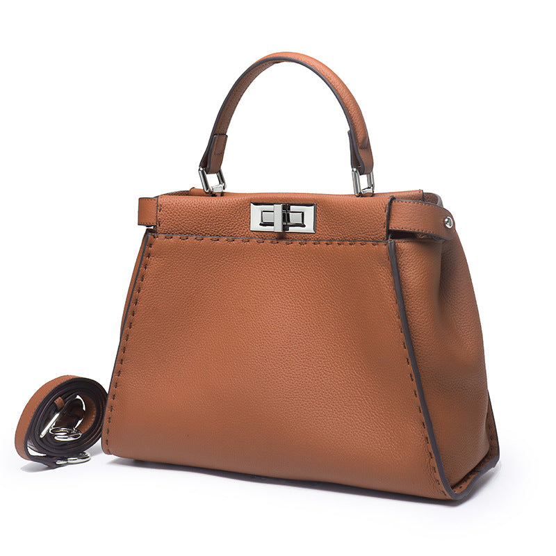 Lychee Pattern Metal Catch Genuine Leather Handbags