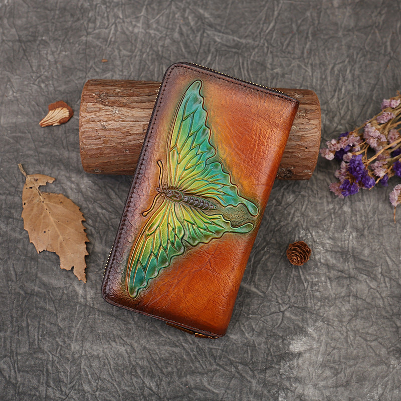 Women's Butterfly Embossed Leather Long Retro Clutch Ladies Wallets