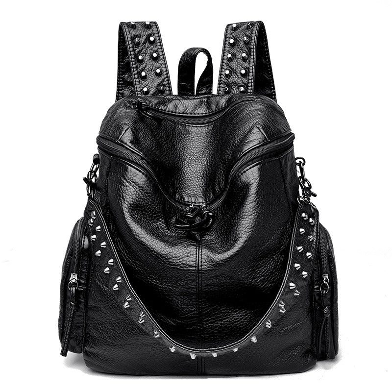 Women's Summer Washed Leather Studded Trendy Simple Backpacks