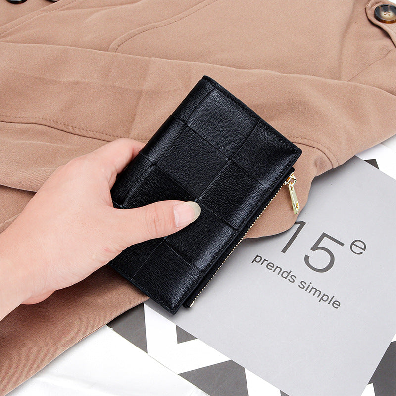Women's Sheepskin Woven Medium Vertical Leather Multiple Ladies Wallets