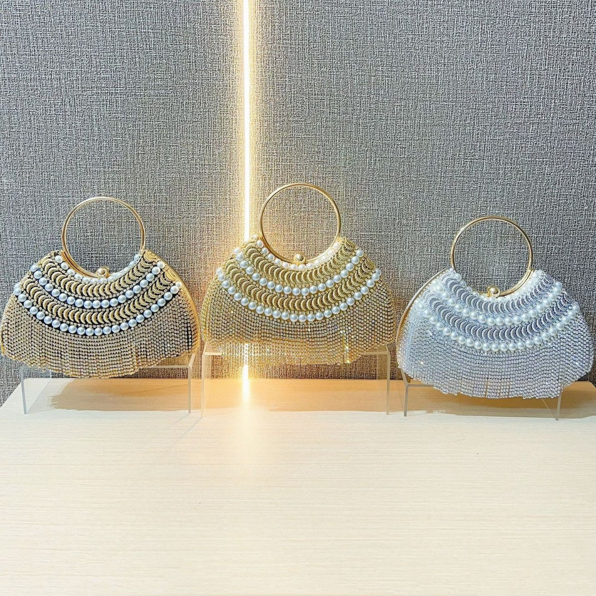 Women's Sier Shiny Luxurious Tassel Rhinestone Stitching Beaded Handbags