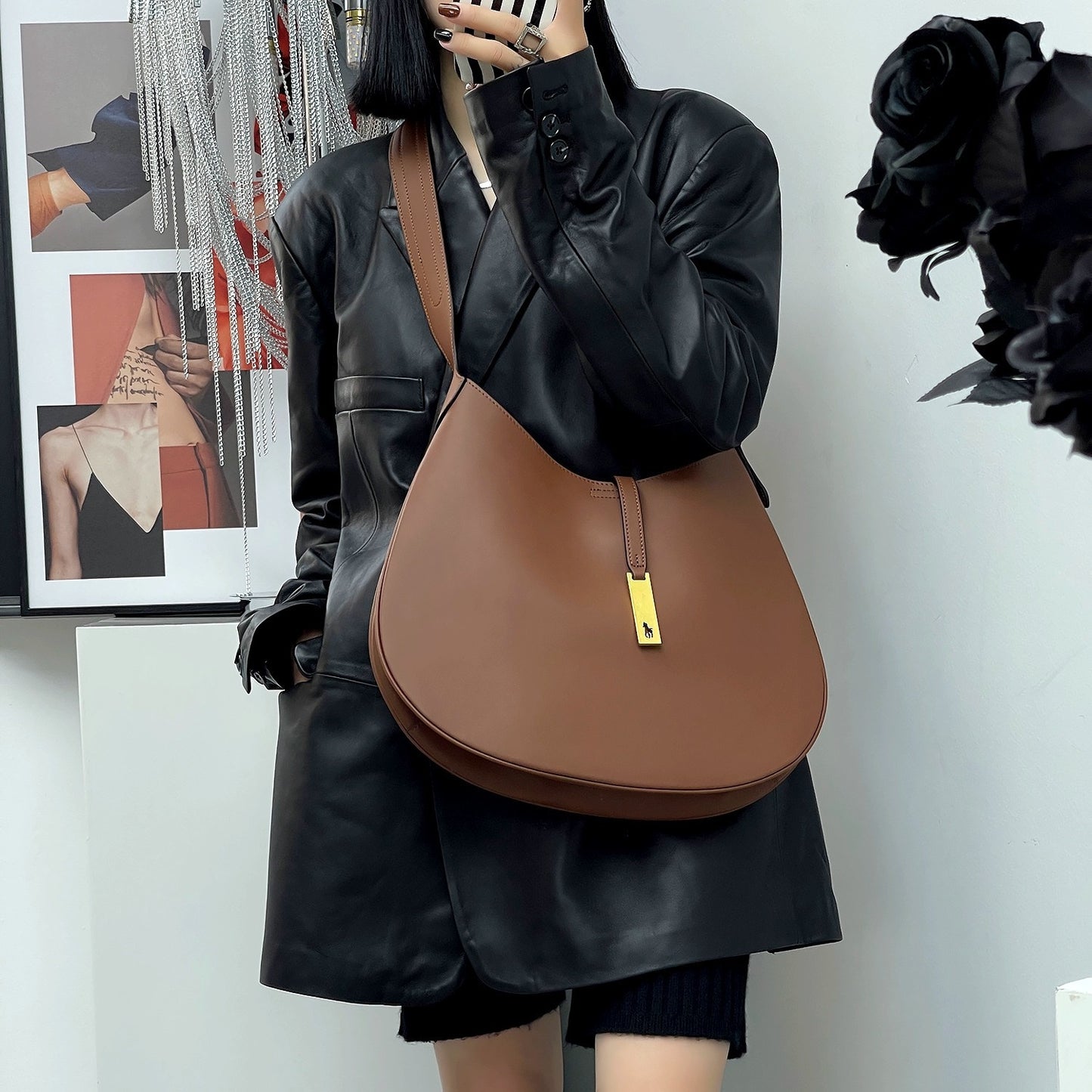 First Layer Cowhide Underarm Song Yan Crossbody Bags