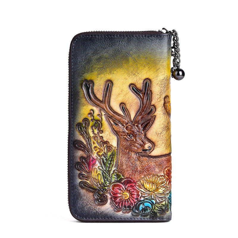 Women's First Layer Cowhide Deer Head Embossed Long Ladies Wallets