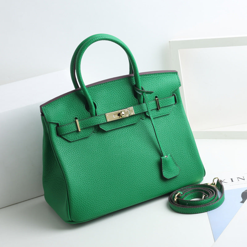 Women's Lychee Pattern Kelly Genuine Leather First Handbags