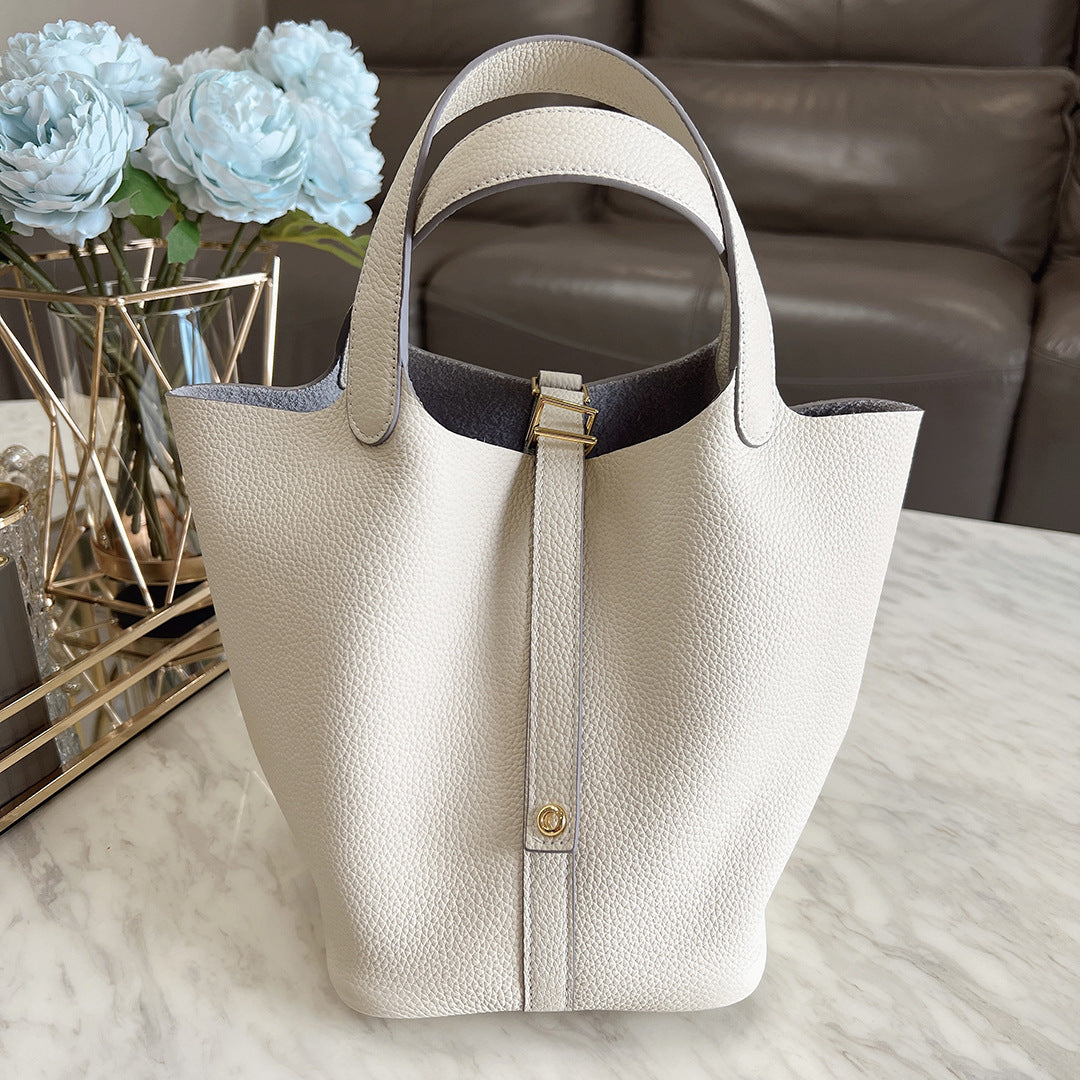 Women's Leather Vegetable Basket Lychee Pattern Cowhide Handbags