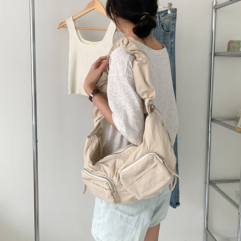 Women's Summer Pleated Nylon Cloth Solid Color Shoulder Bags