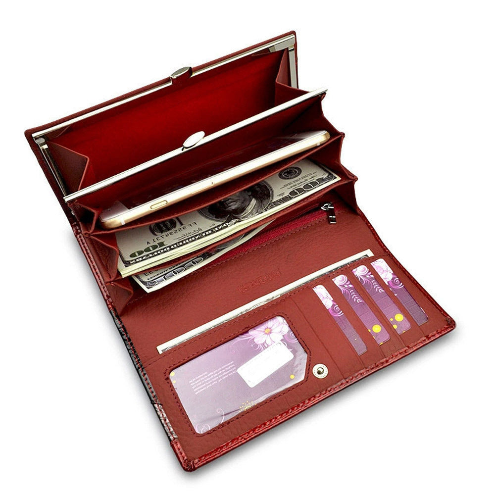 Women's Cowhide Patent Leather Snap Button Crocodile Ladies Wallets