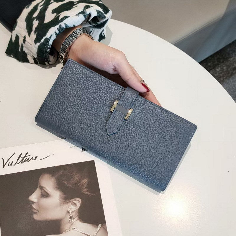 Women's Simple Cowhide Clutch Litchi Pattern Fashion Long Ladies Wallets