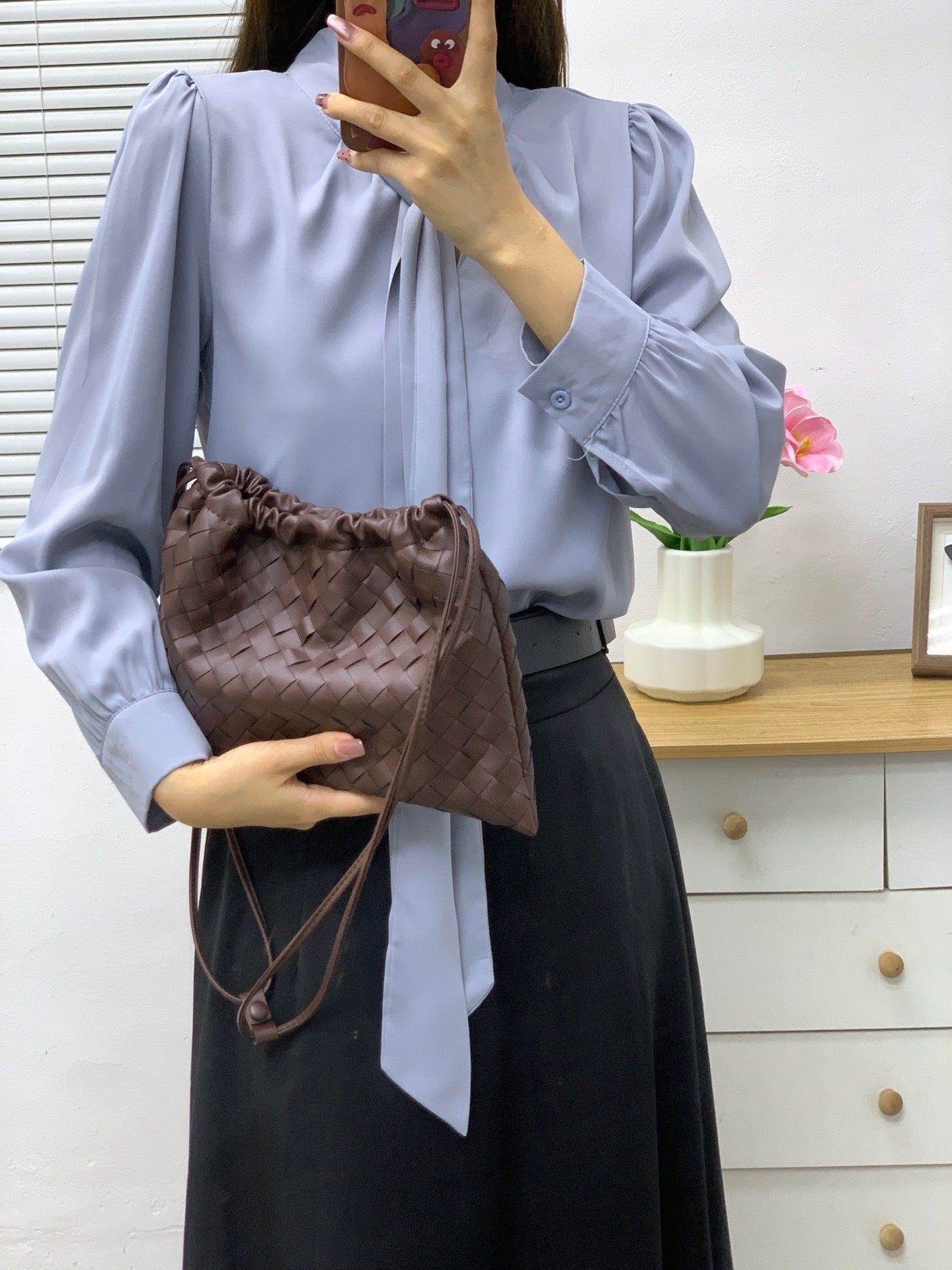 Women's Sheepskin Woven Garbage Clutch Drawstring Lucky Shoulder Bags