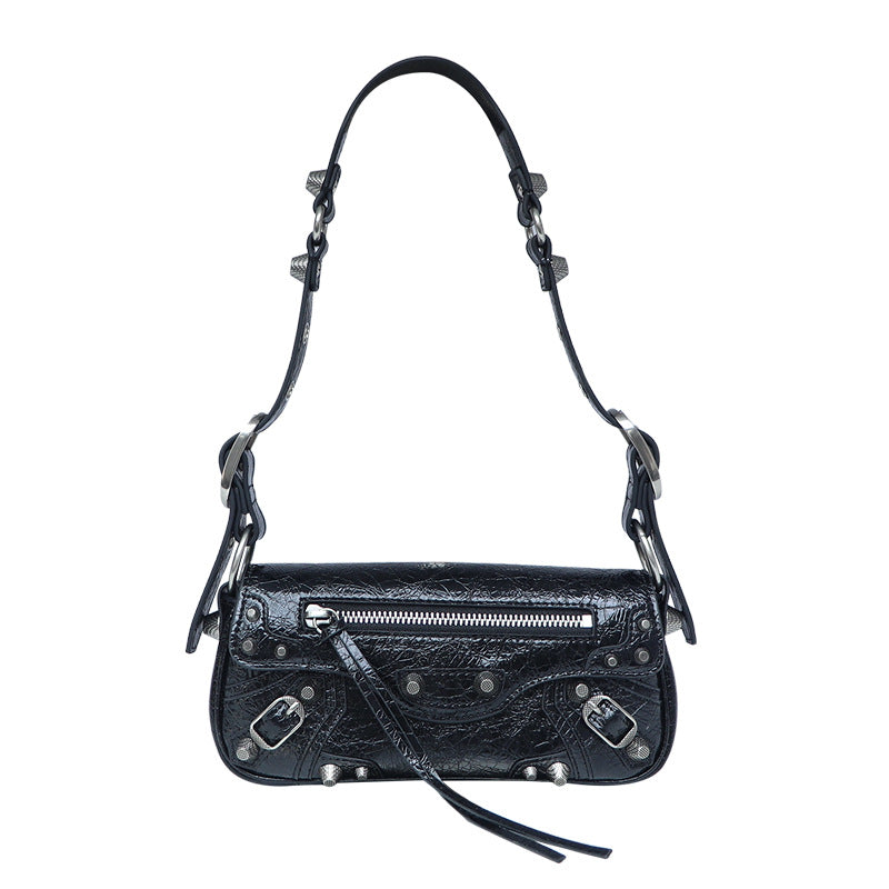 Women's Motorcycle Dark Rivet Baguette Genuine Leather Bags