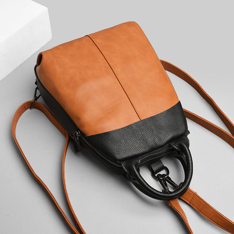 Women's Color Matching Leather Korean Retro Campus Backpacks