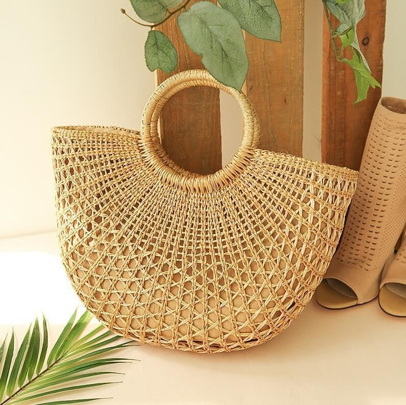 Straw Woven Beach Vacation Portable Gold Handbags