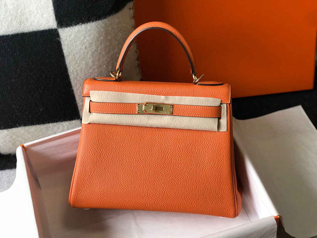 Women's Quality Kelly Lychee Pattern Calfskin Portable Handbags