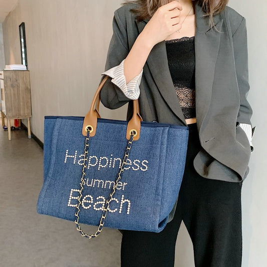 Women's With Leather Portable Chain Pearl Beach Shoulder Bags