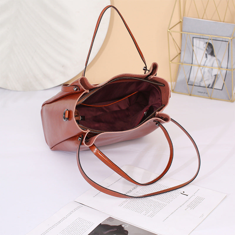 Women's Genuine Leather Oil Wax Simple Big Handbags