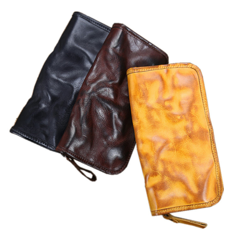 Men's Tanned Washed Business Handmade Long Cowhide Men's Wallets